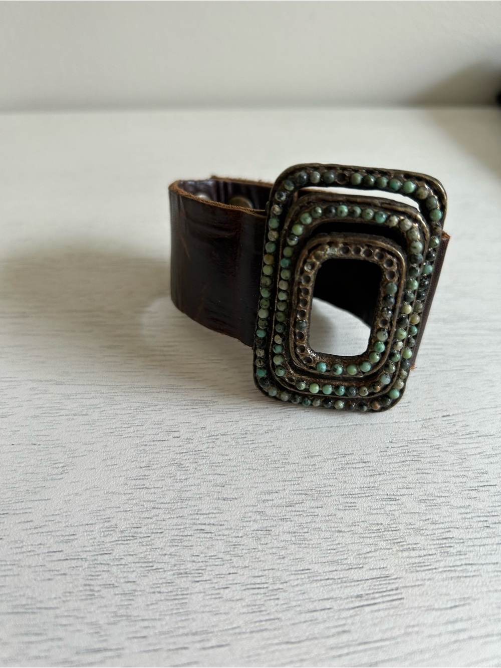 Brown Leather Cuff Bracelet with Decorative Green Beaded Buckle